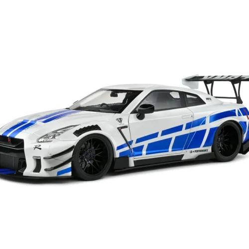 NISSAN GT-R (R35) W/ LIBERTY WALK BODY KIT 2.0 WHITE AND BLUE STRIPES 2024 miniature 1/18 Solido vue avant gauche
