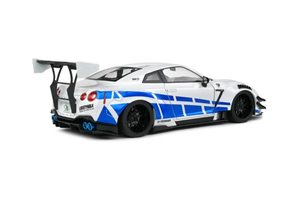 NISSAN GT-R (R35) W/ LIBERTY WALK BODY KIT 2.0 WHITE AND BLUE STRIPES 2024 miniature 1/18 Solido vue arriere droite