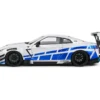 NISSAN GT-R (R35) W/ LIBERTY WALK BODY KIT 2.0 WHITE AND BLUE STRIPES 2024 miniature 1/18 Solido vue cote gauche